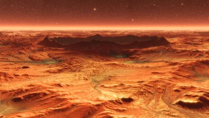 Washable wall murals orange glow Mars Planet Surface With Dust Blowing. 3d illustration