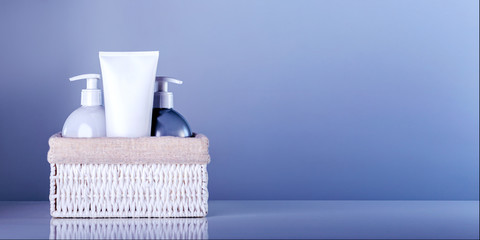 Natural beauty product concept. Cosmetic product in basket with place for text.