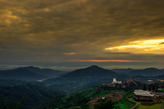 Natural background,high angle that overlooks blurred scenery from fog, rain that flows through,sees Buddha images,temples,mountains,is a viewpoint while traveling in Phetchabun,Khao Kho,Thailand