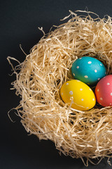 Colorful polka dot Easter eggs in wooden nest on dark grey black plain background, greeting card, angle view