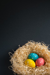 Colorful polka dot Easter eggs in wooden nest on dark grey black plain background, greeting card, copy space, angle view