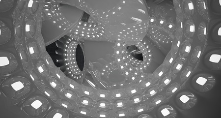 Architectural background. Abstract concrete interior with smooth glossy white discs. Neon lighting. 3D illustration and rendering.