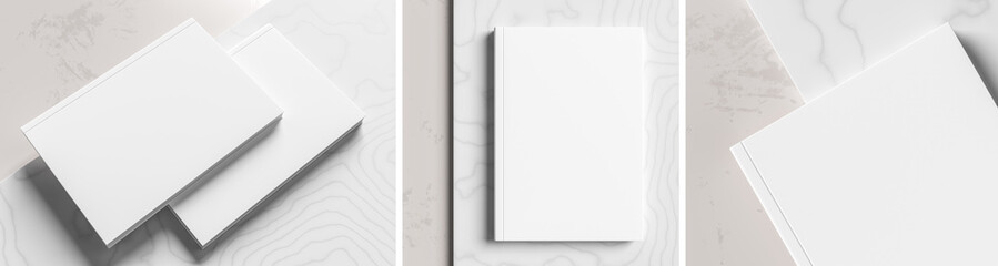 Realistic hardcover book or catalogue mock up on gray - white marble background.  White hardcover book mock up  rendered with three different variations. 3D illustration.