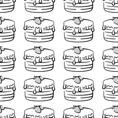 Chocolate cake with strawberries vector seamless pattern on white background. Black and white holiday background hand-drawn. Design for textile, wrapping, print.