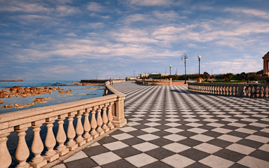 Leghorn (Livorno), Tuscany, Italy:  landscape at dawn of the promenade Mascagni Terrace, a...