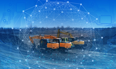 conceptual representation of the construction of an autobahn by an excavator using modern technology and artificial intelligence. Remote control of construction equipment