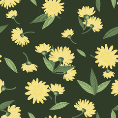 Cute summer flowers seamless pattern of tiny yellow flower with leaves on green background. Vector illustration.