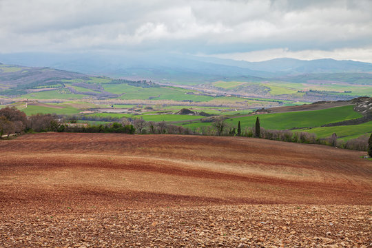 Pienza, Siena, Tuscany, Italy: landscape of the Val d'Orcia countryside on the hills of the nature reserve Lucciola Bella