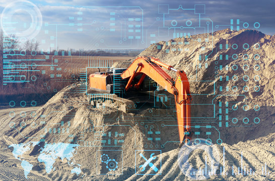 the construction of the highway by an excavator without human intervention, the use of artificial intelligence in construction. Processing analysis and storage of construction data in cloud systems - Powered by Adobe