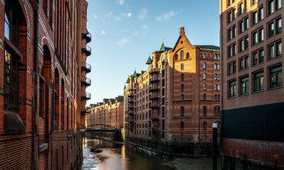 Fototapeta premium image of red hamburg warehouse district buildings, hamburg, germany