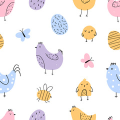 Vector seamless repeating hand-drawn color children's spring easter pattern with hens, chickens, easter eggs and butterfly in scandinavian style on a white background. Seamless easter pattern. Spring.