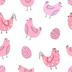 Vector hand-drawn seamless repeating color cute childish pattern with hens and Easter eggs in Scandinavian style on a white background. Easter seamless pattern with birds and eggs. Cute baby animals.