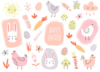 Vector color hand-drawn children’s cute easter set with hens, bunny, easter eggs carrots, butterfly and flowers in scandinavian style on a white background. Easter set. Spring. Happy easter.