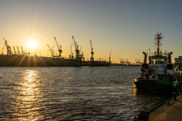 ship at bridge 10 famous fish buns at landungsbrücken in Hamburg, germany