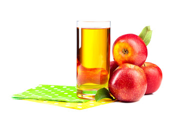 Glass of apple juice and red apples isolated on a white background.