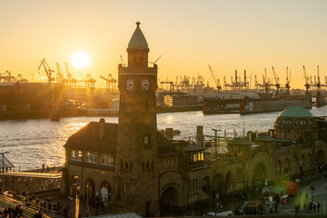 landungsbrücken at sunset in Hamburg, germany