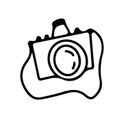 Doodle style camera on an isolated white background. Technique for travel, camping photos. Stock vector illustratio