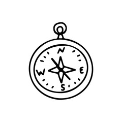 Doodle style compass on an isolated white background. Travel, camping. Stock vector illustration.