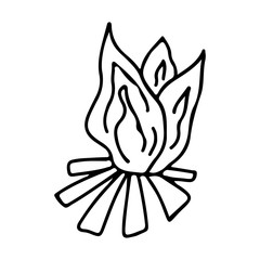Bonfire in doodle style on an isolated white background. Travel and camping element. Stock vector illustration