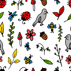 Seamless pattern in cartoon style. Bird, branches, berries, insects, leaves on an isolated white background. Nature, forest holidays, camping. Stock vector illustration