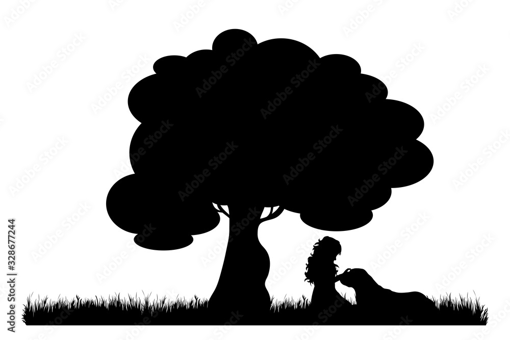 Canvas Prints Vector silhouette of girl sitting under tree and play with dog on white background. Symbol of nature and animal.