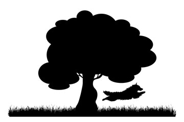 Vector silhouette of dog jumping in meadow on white background. Symbol of nature and pet.