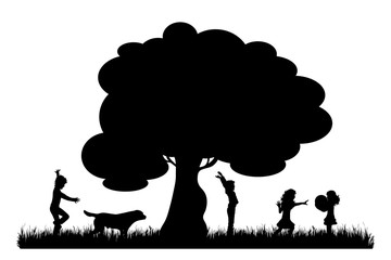Fototapeta na wymiar Vector silhouette of children playing under tree on white background. Symbol of nature and school.