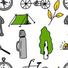 Seamless pattern in cartoon style. Compass, bicycle, tent, thermos, birch on an isolated white background. Nature, forest holidays, camping. Stock vector illustration