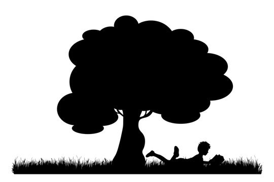 Vector silhouette of boy lying under tree and read book on white background. Symbol of nature and rest.