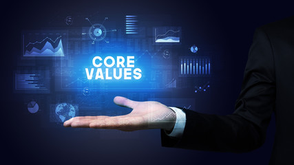 Fototapeta premium Hand of Businessman holding CORE VALUES inscription, business success concept
