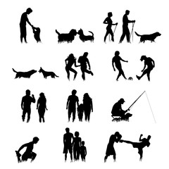 Collection of vector silhouette of people and animals in grass on white background. Symbol of sport.