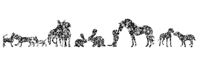 Collection of vector illustration different snowy animals. Symbol of winter and flakes.