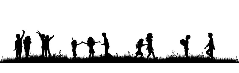 Vector silhouette of children in nature on white background. Symbol of nature and school.