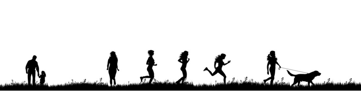 Vector silhouette of people in nature on white background. Symbol of sport.
