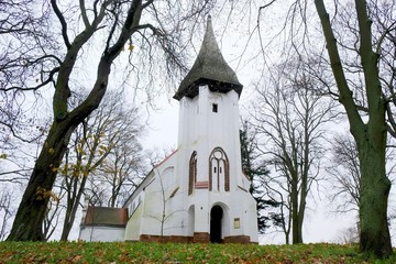 Naklejka premium Moody landscape with white church among trees in autumn scenery. The church Nicholas in Kamien Pomorski, Poland