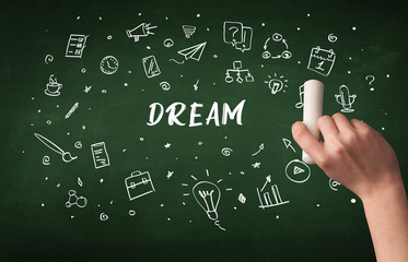 Hand drawing DREAM inscription with white chalk on blackboard, education concept