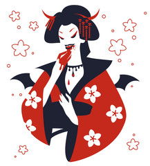 Vampire geisha in red Japanese kimono, with bat wings, horns and  blood traces. Vector illustration.