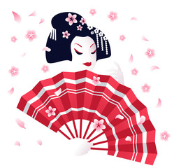 Japanese geisha with a red traditional fan and sakura flowers. Cherry blossom season in Japan, vector illustration. 