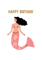 Cartoon color card with cute flat cartoon sea mermaid or serena illustration. Perfect for invitation or leaflet design, Birthday postcard, poster, t-shirt. Text concept. Vector clip art