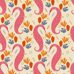 Cute cartoon seahorse flat vector, illustration doodle clip art seamless pattern