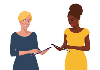 Flat hand drawn african and european business women, female portrait