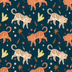 Fototapeta na wymiar Cute cartoon tiger seamless pattern. Vector art