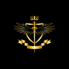 Heraldic Composition with crown, swords, wings, shield and ribbon.