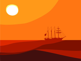 Silhouette of a sailing ship in the sunset
