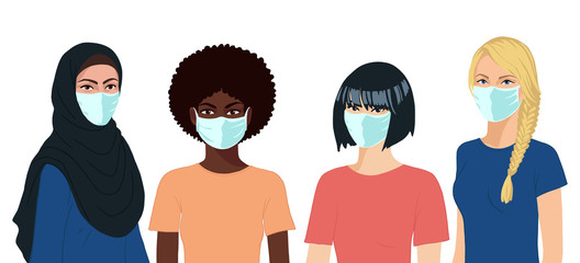 Flat realistic arabian, african, asian, european woman with masks. Coronavirus concept.