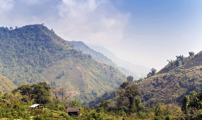 Misty morning view in the Alps view of the mountains