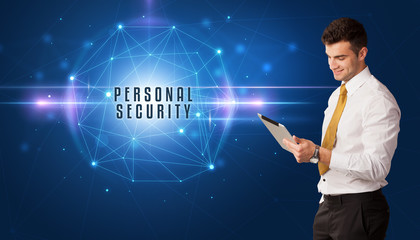 Businessman thinking about security solutions with PERSONAL SECURITY inscription