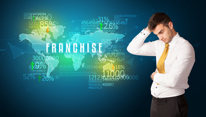 Businessman in front of a decision with FRANCHISE inscription, business concept