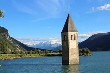 View of Lake Resia in the Friuli Alps