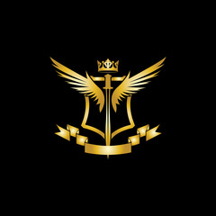 Heraldic Composition with crown, swords, wings, shield and ribbon.